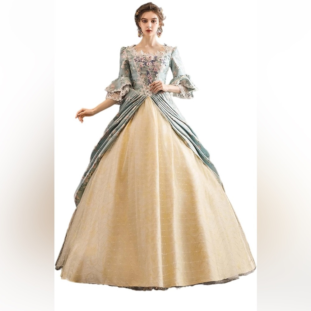 Romantic Blue-Green and Cream Vintage-Inspired Maxi Gown